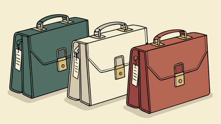 Collection of business briefcases in different colors. Modern graphic design showing three classic office bags for work, travel, or career success. Briefcase illustration for finance or law concept.の素材