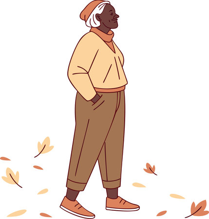 Happy elderly black woman walking in autumn, senior lady in warm casual clothes among falling leaves. Modern vector illustration of grandmother enjoying fall season.の素材