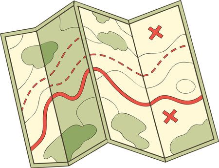 Folded map illustration with waterways and green areas, cartoon treasure map with red route lines. Adventure discovery graphic for geographical travel design.の素材