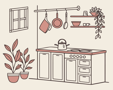 Bohemian kitchen vector sketch, isometric line art illustration of a modern minimalist interior. Features cabinets, a sink, and houseplants, with a glass door, for a cozy home design and decor theme.の素材