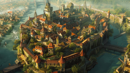 Scenic castle hamlet by watercourse with misty plains. Ancient tower guards settlement near river in green terrain. Dramatic view highlights medieval past.の素材