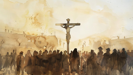 Watercolor crucifixion with Jesus on cross and warrior crowd. Divine scene with black outlines on light beige backdrop.の素材