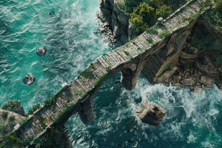 Old stone bridge skirmish map over wild waterway. Stone arch spans enchanted forest with greenery. Tactical view fits game strategy.の素材