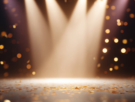 Golden confetti and sparkling lights falling against dark backdrop. Festive celebration decor with dynamic particle effects for party themes.の素材