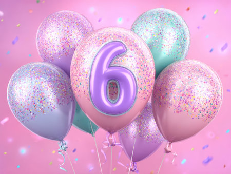 Pink birthday number 6 with balloons and confetti. Glittery celebration decor creating joyful kids party atmosphere.の素材
