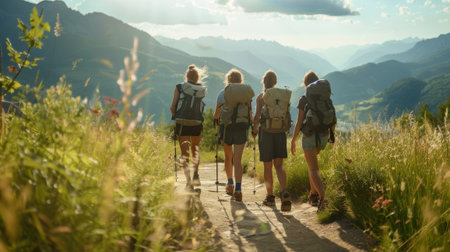 Girls exploring nature, backpacks on, hiking through green hills with mountain backdrop. Fun adventure reflects unity and peace in natural terrain.の素材