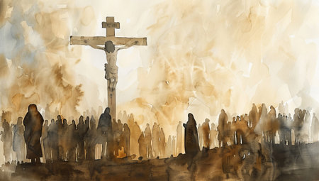 Watercolor crucifixion with Jesus on cross and onlookers. Divine moment captured with dark silhouettes on light canvas.の素材