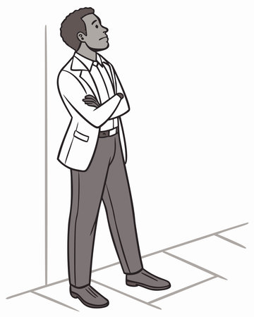 Business man sketch, hand-drawn figure in suit with arms crossed, fits office art. Bold style features formal attire, great for work or urban graphics. Standing pose adds a confident touch.の素材