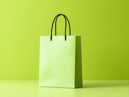 Empty green shopping bag against green background. Stylish design for eco or fashion themes, great for sustainable or chic ideas. Perfect for packaging or nature-inspired visuals.の素材