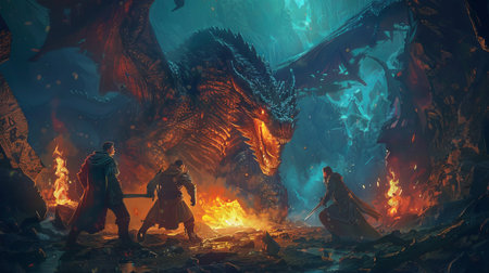Powerful dragon clash with daring warriors in ruined cave. Warriors strike with swords and enchantments against huge creature in glow. Dramatic scene highlights bravery and risk.の素材