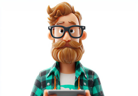 3d male with tablet in shirt lively design for tech promotions. Cartoon figure in casual attire perfect for education projects or business ads.の素材