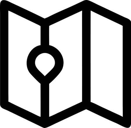 Map point icon outline, location pin mark symbol black line art on folded paper. GPS navigation destination sign or travel spot.の素材