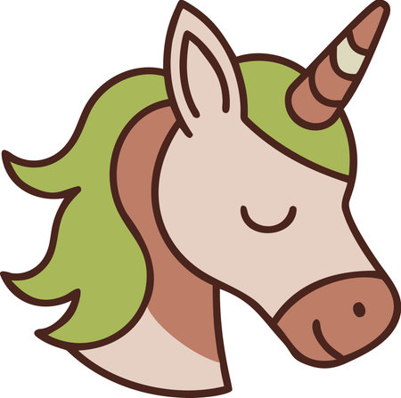 Unicorn head icon, cute fantasy horse with a magic horn and green mane. Simple mascot symbol for kids game or party design.の素材