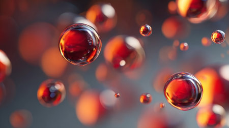 Close-up view of red water drops on dark background. 3D renderingの素材