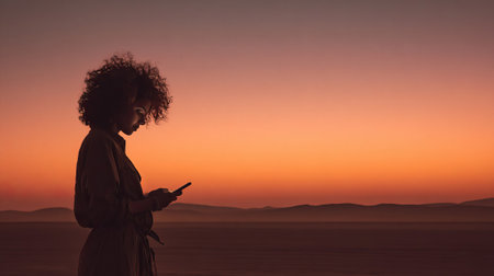 Young woman with afro hairstyle using her mobile phone at sunsetの素材