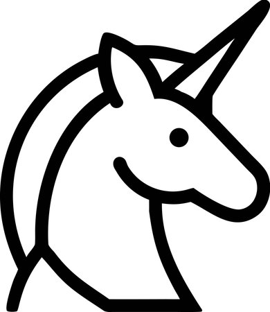 Minimal unicorn icon, abstract fantasy animal symbol, monochrome line design. Simple black white logo, single line sign of magic, dream. Modern minimal unicorn icon.の素材