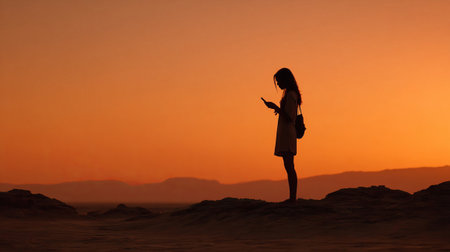 Silhouette of a girl in the desert at sunset. The concept of travel and adventure.の素材