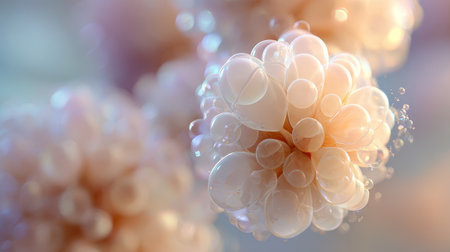 Abstract cell structure macro, close-up of translucent bubbles and spheres grouped together in a soft pink, yellow, and beige palette. Microbiology or cosmetic science concept with an organic feel.の素材