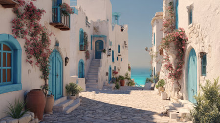 Narrow traditional Greek alley with textured stone walls and terracotta potted plants, opening up to a bright turquoise sea view. Mediterranean summer architecture with warm colors and deep shadows.の素材