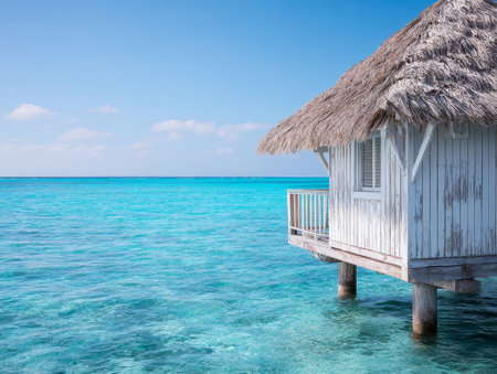 Tropical overwater bungalow with thatched roof sits over turquoise sea on stilts. Clear blue sky and tranquil water provide perfect escape view.の素材