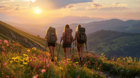 Hikers with gear explore green slopes at morning light. Wild blooms and mountains craft trekking experience.の素材