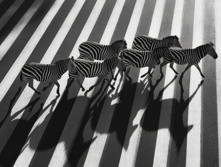 Herd of zebras running on graphic black and white stripes, abstract animal group, high contrast photo. Diagonal lines, top-down perspective, movement and rhythm concept. Dynamic zebras on graphic background.の素材