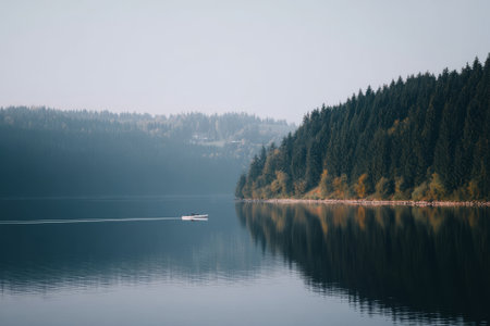 Serene lake with boat and green forest reflection in fog. Calm nature scene with still water and misty mountains under gentle sky.の素材