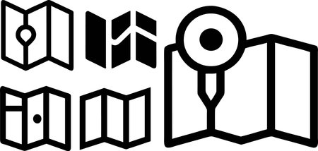 Map icon set outline, location pin map symbol black line art collection. GPS navigation or travel destination mark sign on folded paper map icons.の素材