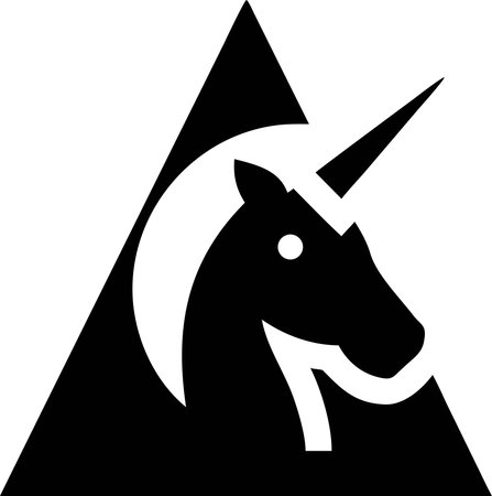 Abstract unicorn icon, strong horse profile with horn in a black negative space shape. Minimalist mystical creature logo for luxury or fantasy.の素材