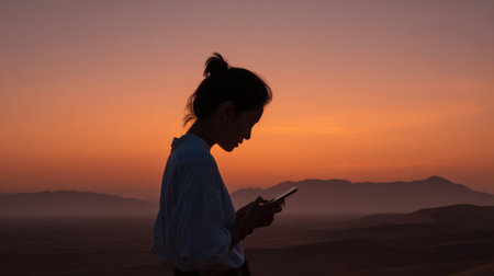 Contemplative woman with mobile phone, side profile against a vibrant sunset and hazy mountain backdrop. Concept of solitude, digital connection, and travel photography.の素材