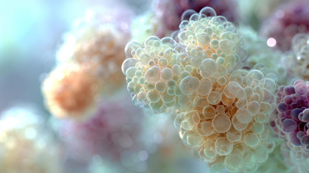 Microscopic floral organism, abstract microbiology view of rounded cells with small fibers or tendrils. Genetics or botany concept with pink and yellow clusters on a blue background.の素材