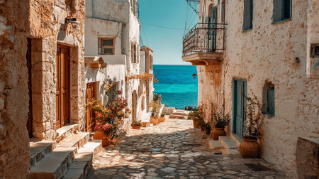 Whitewashed Greek island alleyway with blue doors and windows, decorated with vibrant pink bougainvillea. Bright, sunny Mediterranean architectural scene.の素材