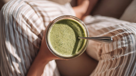 Green detox smoothie, top view of a healthy matcha drink with foam and metal straw. Fresh vegetarian breakfast or health drink concept.の素材