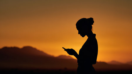 Desert sunset silhouette, profile of a woman checking her smartphone against a gradient orange and red sky over distant mountains. Modern communication meets wilderness travel.の素材