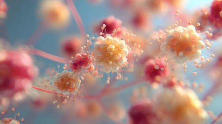 Abstract cellular cluster, close-up of translucent liquid bubbles forming a spherical group with warm orange and light yellow reflections. Cosmetic serum or medical science background.の素材