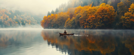 Serene lake with canoe in foggy forest landscape. Calm nature image with green trees and mirror water.の素材