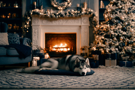 Christmas Interior cozy living room, warm fireplace and holiday decorated tree with a cute husky dog sleeping on a cushion. Beautiful Christmas Interior scene, festive atmosphere, elegant dark decor, winter evening mood.の素材