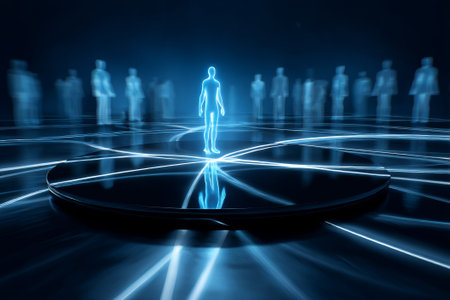 Digital human figure standing on glowing neon light lines, abstract futuristic technological concept background. Digital human figure representing big data, network connection, science or artificial intelligence.の素材