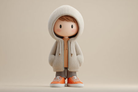 3D cute character, cartoon boy in a knitted hoodie and orange sneakers, adorable doll figure. Little smiling kid, charming 3D character design, full-length renderの素材