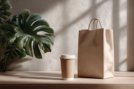 Blank paper bag mockup and a coffee cup on a wooden table in front of a window with a monstera plant and deep shadows. Eco-friendly packaging template, cozy retail design display with natural light.の素材