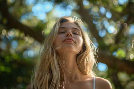 Woman deep enjoying breathing in natural setting with green foliage and blue sky. Health and self control reflected in tranquil outdoor environment.の素材