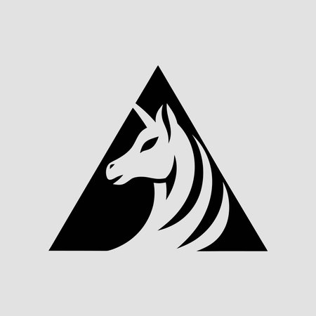 Black unicorn symbol, horse head with horn in a dynamic abstract glyph. Simple mythical creature logo for speed and magic.の素材