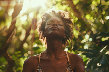Woman deep practicing breathing in lush forest with green foliage and warm light. Healthy living and self calm in tranquil nature setting.の素材