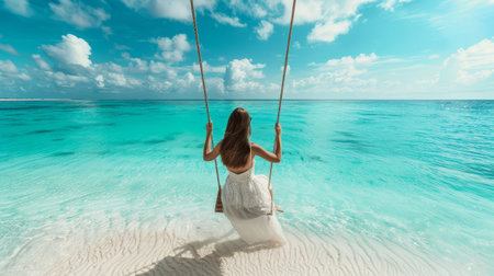 Woman on swing by turquoise water with beach sand. Bright sky and gentle waves provide joyful escape view.の素材