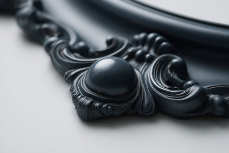 Black baroque frame detail, ornate decorative carving with rich scrollwork and convex elements on a light gray background. Luxurious architectural molding, elegant vintage ornament.の素材