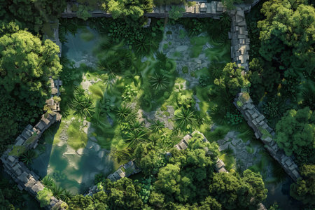 Ancient ruins in lush jungle with clear water. Old stone walls surround dense plants and trees in wild setting. Scenic aerial view shows nature reclaim.の素材