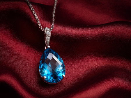 Blue topaz pendant, luxury diamond jewelry, closeup photo on deep red silk. Elegant silver chain, clear gemstone, expensive beauty concept. Beautiful blue topaz pendant.の素材