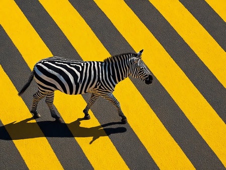 Zebra walking on graphic yellow and black stripes, abstract animal portrait, high contrast photo. Diagonal warning lines, top-down perspective, modern fashion concept. Unique zebra on graphic background.の素材
