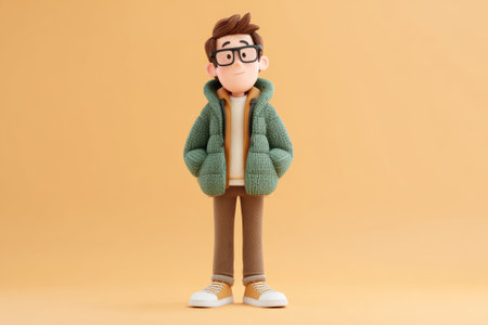 3D cartoon man with glasses, friendly office character portrait, white background. Brown messy hair, light blue tie, white collared shirt, hands in pants pockets. Confident 3D businessman with glasses.の素材