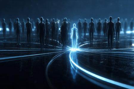 Digital human figure standing on a glowing platform with neon light lines, abstract futuristic technological concept. Digital human figure representing big data, network connection, leader or virtual reality.の素材